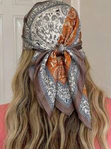 1pc Paisley Print Brown Square Scarf, Women's Large Handkerchief Bandana, As Waistband, Packaging Decor, Ribbon - White Coffee Color - View 2