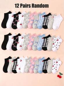 12/24 Pairs Random Style Ankle Socks For Baby, Cute Cherry Bow Pattern, Plaid Polka Dot Pattern, Baby Stuff, Baby Girl Essential, Girls Socks, Newborn - Multicolor - View 10