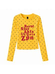 Women's Red Letter Print Fitted Cropped T-Shirt, Niche Polka Dot Design Autumn Round Neck Long Sleeve Base Layer Casual - Yellow - View 6