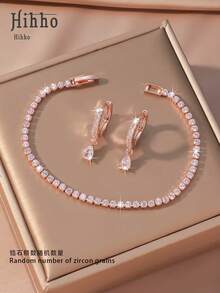 Hihho 3件套立方氧化锆婚礼首饰套装，新娘立方氧化锆网球手链，女士首饰套装，含粉色耳环和粉色手链（锆石数量和长度各异） - 粉色 - 查看 14