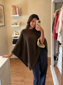 Damen Herbst/Winter minimalistisches bequemes Cape Top, elegantes hochwertiges lockeres Strick Cape, geeignet für Schulanfang, Büro Alltagskleidung Braun Herbst - Braun - Übersicht 6
