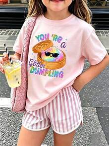 青少年女孩休閒趣味圖案印花圓領短袖套頭T恤夏季上衣 - 粉色 - 查看 1