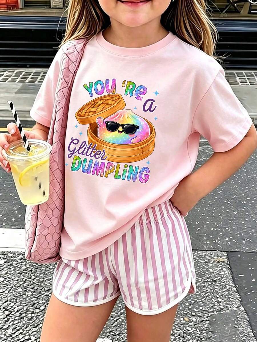 青少年女孩休閒趣味圖案印花圓領短袖套頭T恤夏季上衣 - 粉色 - 查看 1
