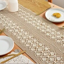1PCPolyester, Hand Crocheted Look, Geometric Small Diamond Pattern, Delicate Openwork, Bohemian Style Tablecloth, Table Runner, Placemat, Table Cover, Fireplace Throw Perfect For Home Decor, Family Gatherings, Holiday Decorations, And Outdoor Picnics - Khaki - View 1
