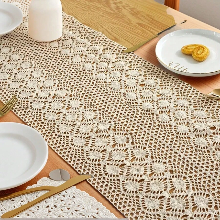 1PCPolyester, Hand Crocheted Look, Geometric Small Diamond Pattern, Delicate Openwork, Bohemian Style Tablecloth, Table Runner, Placemat, Table Cover, Fireplace Throw Perfect For Home Decor, Family Gatherings, Holiday Decorations, And Outdoor Picnics - Khaki - View 1