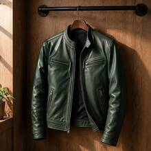 Mens Biker Leather Stand Collar Long Sleeve Multiple Zipper Pockets Winter Casual Outerwear - Green - View 4