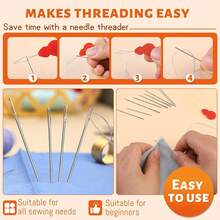 40 Agujas de coser de ojo grande, 7 tamaños de agujas de coser afiladas, adecuadas para costura a mano, hilo de bordado de cuero, agujas de tejer de acero inoxidable (con enhebrador), dedal (para manualidades, remiendo, acolchado), con una herramienta de enhebrado y un portaguja. - Múltiples estilos - Ver 4