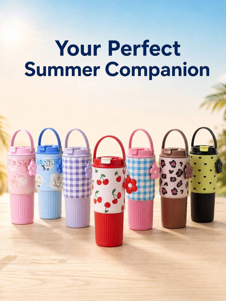 1pc 900ml Large Capacity Outdoor Insulated Tumbler With Straw And Unique Print - Multicolor - View 1