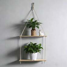 1 pieza Colgante de pared de macramé estilo bohemio, estantería decorativa de 2 niveles para almacenamiento de pared, tapiz decorativo para sala de estar, dormitorio, fondo de pared, estantería de almacenamiento con borlas, decoración de pared de arte de fibra, hecho a mano, tejido de encaje, tabla de madera de doble capa - Sin decoración - Beis - Ver 8