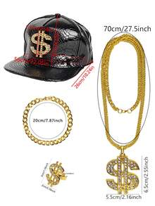 4Pcs D EXCEED 80s 90s Hip Hop Costumes Outfit Kit Fake Gold Chain Necklace Dollar Sign Cap Jewelry Set Rapper Accessories - Multicolor - View 3