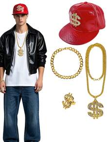 4Pcs D EXCEED 80s 90s Hip Hop Costumes Outfit Kit Fake Gold Chain Necklace Dollar Sign Cap Jewelry Set Rapper Accessories - Multicolor - View 11
