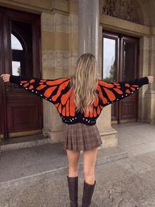 Women's Black & Orange Butterfly Wing Jacquard V-Neck Knit Long Sleeve Cardigan, Star Print Hem Short Length Outerwear, Suitable For Autumn/Winter - Multicolor - View 10