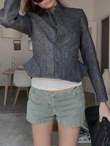 女款優雅通勤長袖立領開襟收腰小外套（含肩墊）純色前扣鈕扣復古通勤夾克 適合辦公室日常約會 - 深藍色 - 查看 4