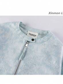 New Textured Stand Collar Zip-Up Jacket, College Style, Casual Elegant, Suitable For Spring And Autumn, Daily Wear And Vacation - Blue - View 3