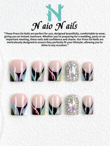NAIO 10pcs/Set Kuku Tempel Buatan Tangan Y2K, Dasar Nude Multiwarna Ujung V French, Seni Kuku Bertatahkan Rhinestone AB Penuh, Gaya Pesta Glamor, Cocok Untuk Pemakaian Acara Sehari-hari, 3 Ukuran Coffin Almond Pendek Persegi, Kuku Palsu, Dapat Dilepas dan Digunakan Kembali - MultiWarna - View 20