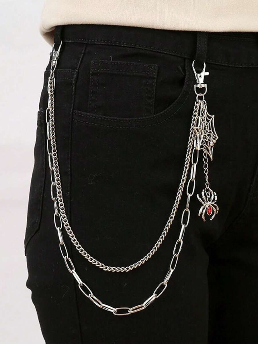 1 sợi xích quần treo mặt nhện tơ nhiều lớp bằng kim loại đính zirconia phong cách punk tinh xảo, trang trí quần jeans vintage hip hop, phù hợp mặc hàng ngày, lễ hội, phối đồ cùng bạn bè và anh em, làm quà tặng