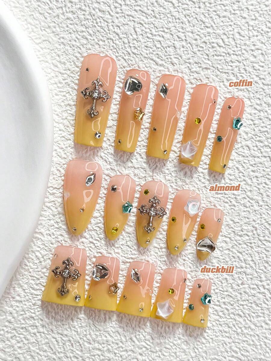 10片裝復古Y2K女孩風手工穿戴甲,Polygel美甲套組,水鑽十字圖案,黃色指甲油,甜酷風,附美甲工具,3種尺寸可選,杏仁形、鴨嘴形、棺材形,適合派對、跳舞、日常配戴 - 彩色 - 查看 1
