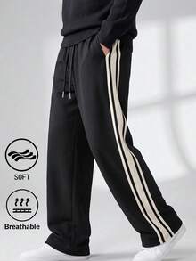 1pc Men's Quick-Dry Casual Sports Long Pants, Striped Design, Drawstring Elastic Waist, Suitable For Summer Basketball, Fitness Training - Black - View 1
