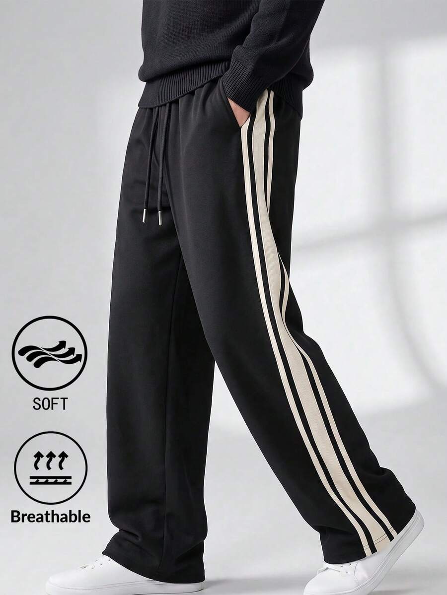 1pc Men's Quick-Dry Casual Sports Long Pants, Striped Design, Drawstring Elastic Waist, Suitable For Summer Basketball, Fitness Training - Black - View 1