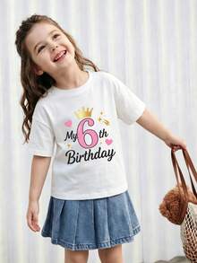 Summer/Autumn Cotton Short-Sleeved T-Shirt For Girls, Featuring A 6 Birthday Number Print, In A Cute And Sweet Style - White - View 5
