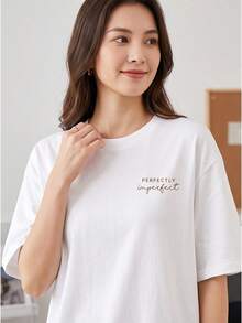 "Perfectly Imperfect" Graphic Crew Neck Tee For Ladies, Short Sleeve Daily Spring Summer Wear - 白色 - 查看 2
