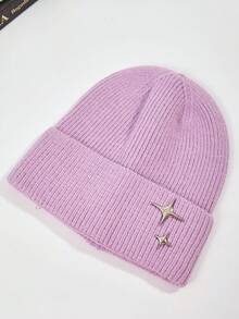 Double Star Knitted Beanie Hat With Pearl Decor, Blogger Style Oversized Head-Wrapping Bow Knit Cap For Women, Korean Style Versatile Face-Framing Pullover Hat - A - View 4