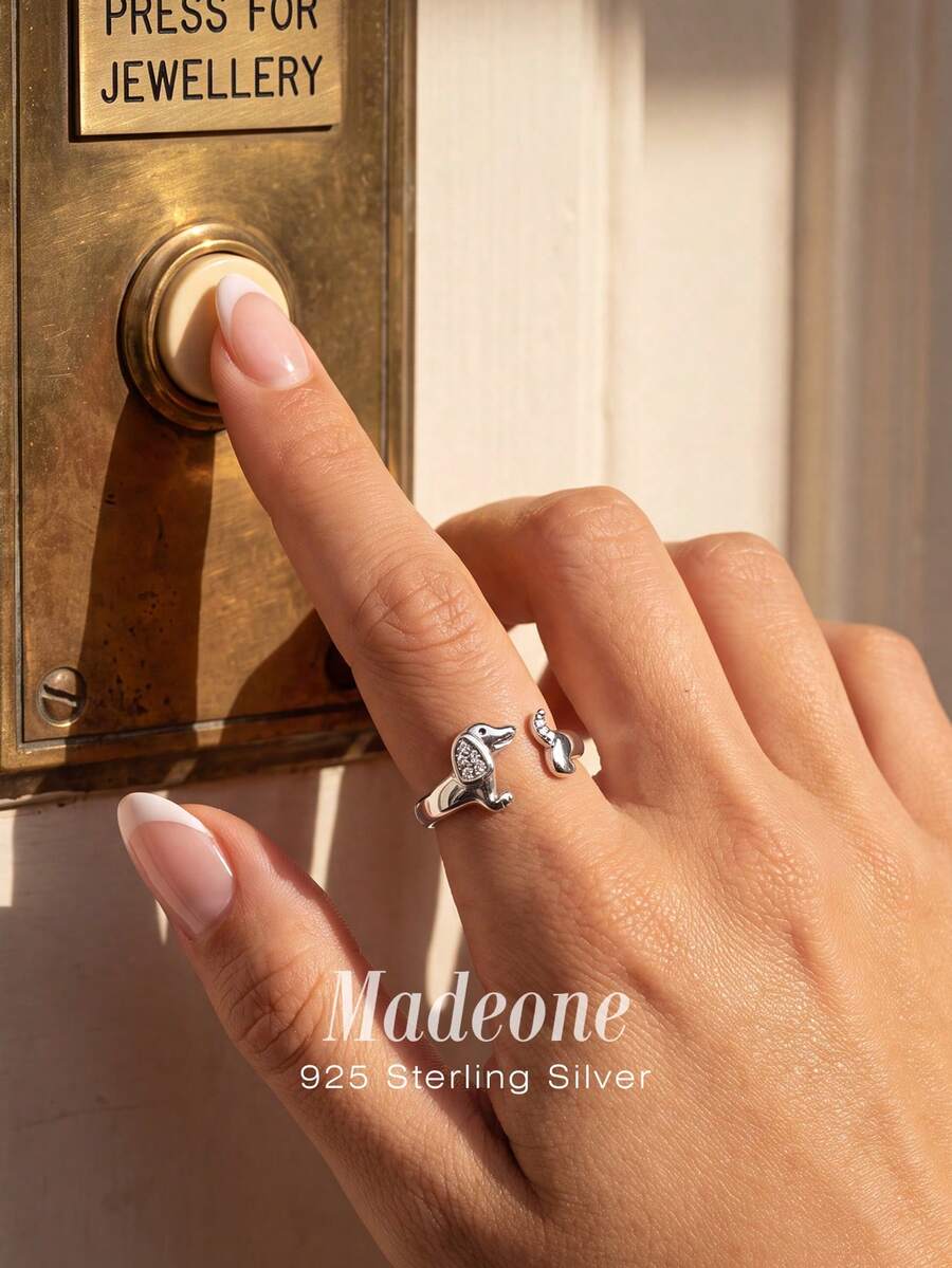 MADEONE 1pc Cute Dachshund Zirconia Open Ring Matte Black & White Zirconia Women's Exquisite Jewelry Anniversary Birthday Gift - Antique Silver - View 1