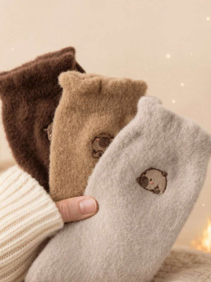 5 Pairs Random Autumn/Winter Thickened Thermal Lined Capybara Double-Sided Plush Floor Socks Cartoon Mid-Calf - Multicolor - View 1