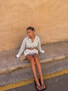 SUNSTORY Women's Spring/Summer New Bohemian  Striped 2-Piece Set, Button-Down Striped Shirt + Striped Mini Skirt, Elegant Casual Style, Suitable For V - Brown - View 6