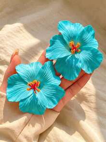 2pcs Turquoise Hawaiian Hibiscus Flower Hair Clips, Tropical Floral Hair Accessories, Suitable For Women And Girls Beach Vacation - Blue-green - View 2