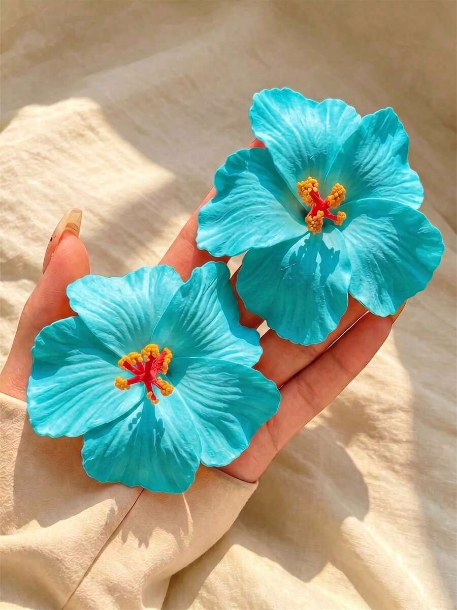 2pcs Turquoise Hawaiian Hibiscus Flower Hair Clips, Tropical Floral Hair Accessories, Suitable For Women And Girls Beach Vacation