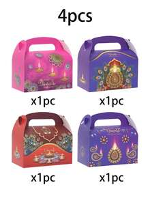 4pcs Diwali Handheld Gift Box Set, Diwali Party Handheld Storage Box, Diwali Guest Gift Packaging Box, Diwali Commemorative Gift Box, Diwali Banquet Packaging Box, Diwali Decorations, Diwali Atmosphere Creation Supplies, Diwali Packaging Supplies - Multicolor - View 10