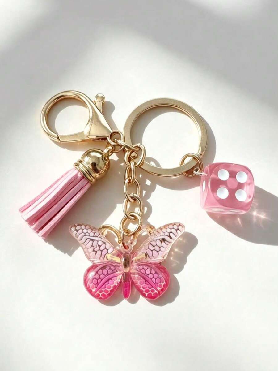 1pc Acrylic Butterfly Tassel Pendant Dice Keychain, Butterfly Keyring, Personalized Women's Handbag Charm, Holiday Gift - Multicolor - View 1