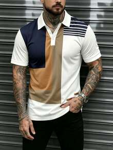 Men's Designer Striped Print Short Sleeve Polo Shirt - Multicolor - View 2