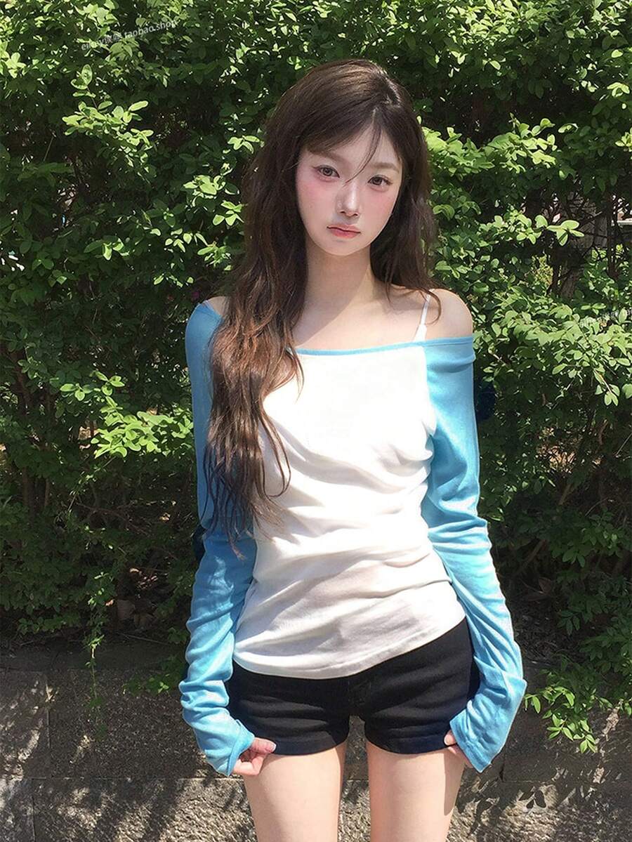 春夏慵懶復古冷色調拼接撞色薄透長袖修身顯瘦休閒上衣 - 白色 - 查看 1