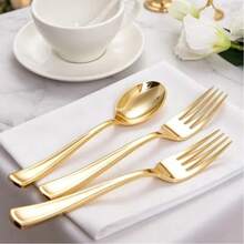 100/50/25pcs Gold Cake/Salad Spoon/Fork Set, Reusable And Washable, Suitable For Parties, Outdoor Activities, Family Gatherings, Weddings, Holidays And Other Occasions, Cake And Salad Utensil Set - Gold - View 5