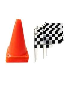 16/5/1pc - Top Hole Traffic Cone, Traffic Cone With Black And White Checkered Flag, Desktop Centerpiece Decoration Party Backdrop, Suitable For Racing Theme Birthday Party Supplies - Black and White Flag Cone - View 2