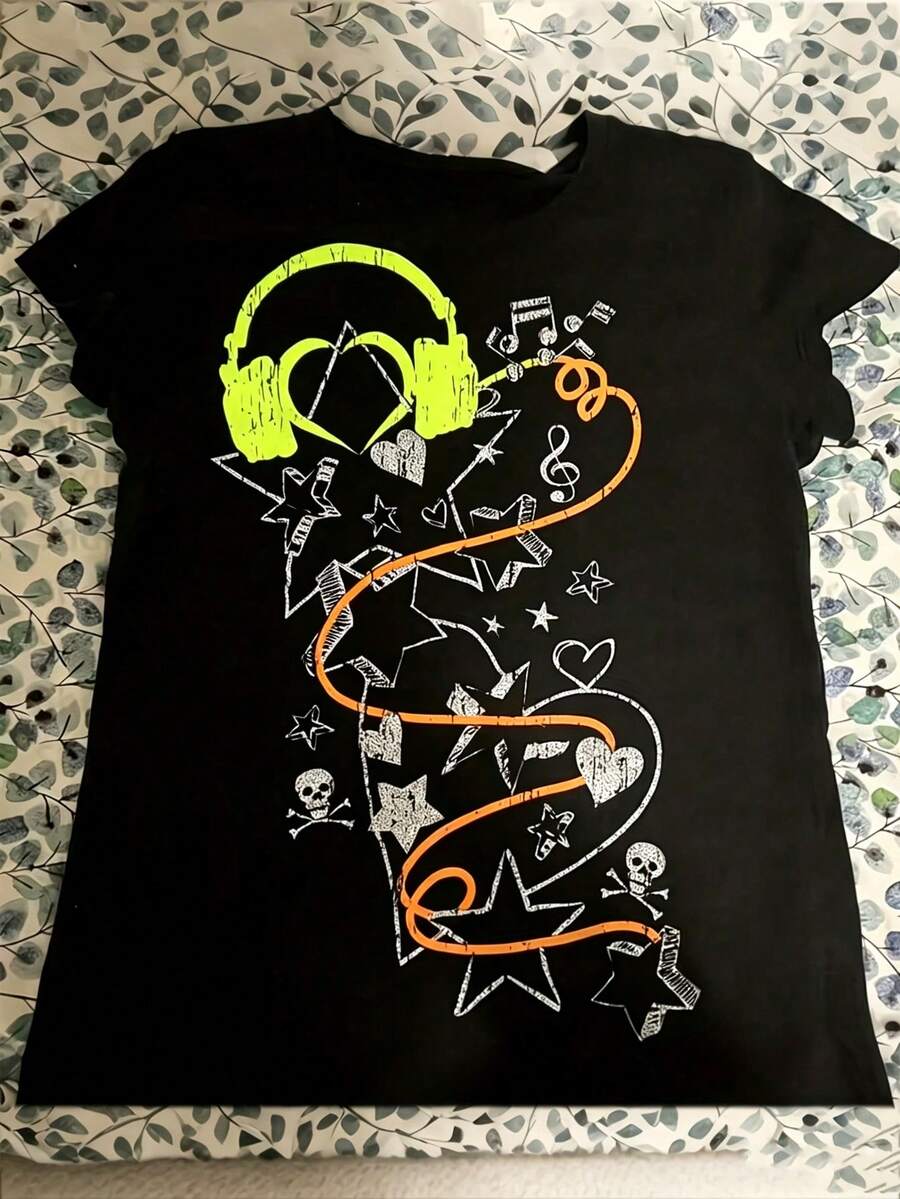 New Arrival Tween Girl Y2K Retro Anime T-Shirt Vintage Streetwear Oversized Manga Tee, Stretchy Unisex Summer Top For Casual & Themed Events - 黑色5 - 查看 1