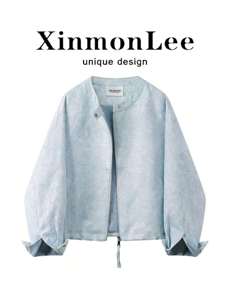 New Textured Stand Collar Zip-Up Jacket, College Style, Casual Elegant, Suitable For Spring And Autumn, Daily Wear And Vacation - Blue - View 1