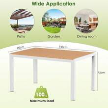Rectangular Garden Table Made Of Aluminum And WPC, Weatherproof Dining Table For Garden And Patio, Modern Outdoor Table For 6 People, 140x90x75 Cm - 白色腿+柚木色 - 查看 2
