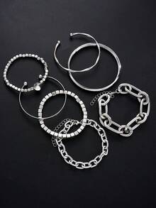 6pcs Fashion Punk Street Casual Minimalist Hip-Hop Style Geometric Pattern Beaded Bracelet Set For Men, Vacation Party Date Travel Shopping Beach Daily Wear Versatile Combination - Silver - View 5