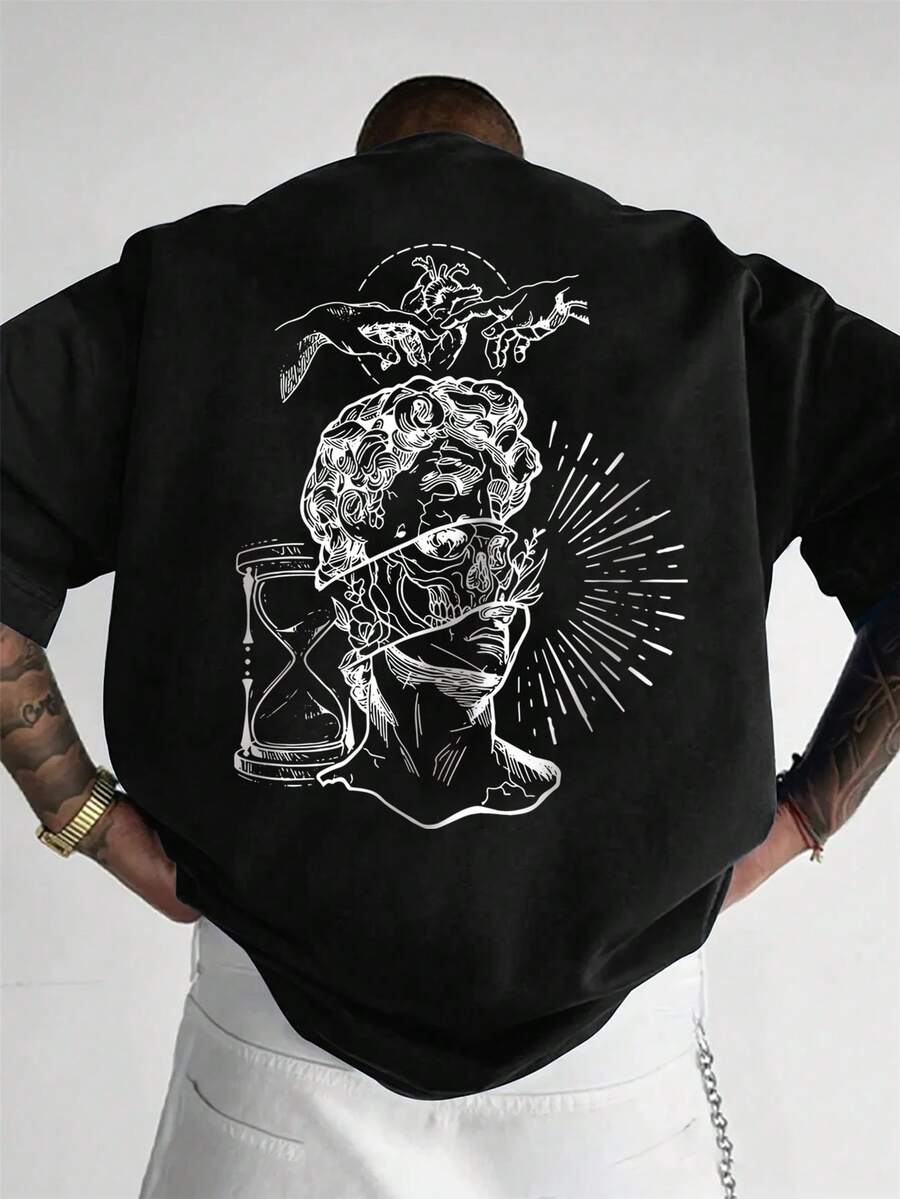 男士夏季時尚百搭休閒素描肖像印花舒適圓領短袖T恤 - 黑色 - 查看 1