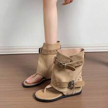 Women's New Punk Style Open Toe Mid-Calf Sandals, Featuring Rivets And Buckle Straps, Unique Design, Built-In Height Increase - Khaki - View 7
