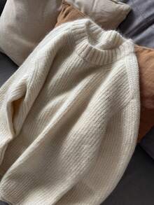 Cream White Ribbed Crew Neck Long Sleeve Soft Loose Slouchy Slimming Versatile Autumn/Winter Knit Sweater - Apricot - View 2