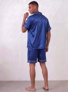 Snug League Conjunto de pijama de satén para hombre de 2 piezas, incluye pantalones cortos, chaqueta de dormir de seda, top cárdigan de manga corta con botones - Azul - Ver 10