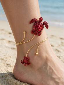 1pc Novel & Interesting Vintage Romantic Ocean Beach Vacation Style 3D Turtle Ankle Bracelet, Women's Foot Jewelry For Summer Outings, Gift - Red - View 1