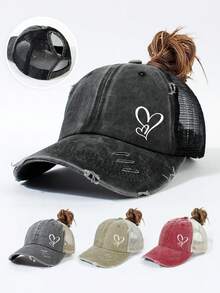 1pc Classic Heart Graphic Ponytail Baseball Cap, Vintage Distressed Mesh Trucker Hat, Breathable Adjustable Women's Dad Hat - Multicolor - View 12