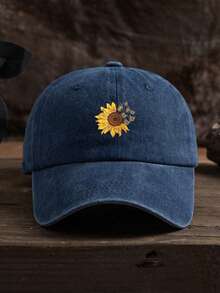 1pc Unisex Outdoor Casual Sunflower Print Adjustable Baseball Cap - Navy Blue - View 5