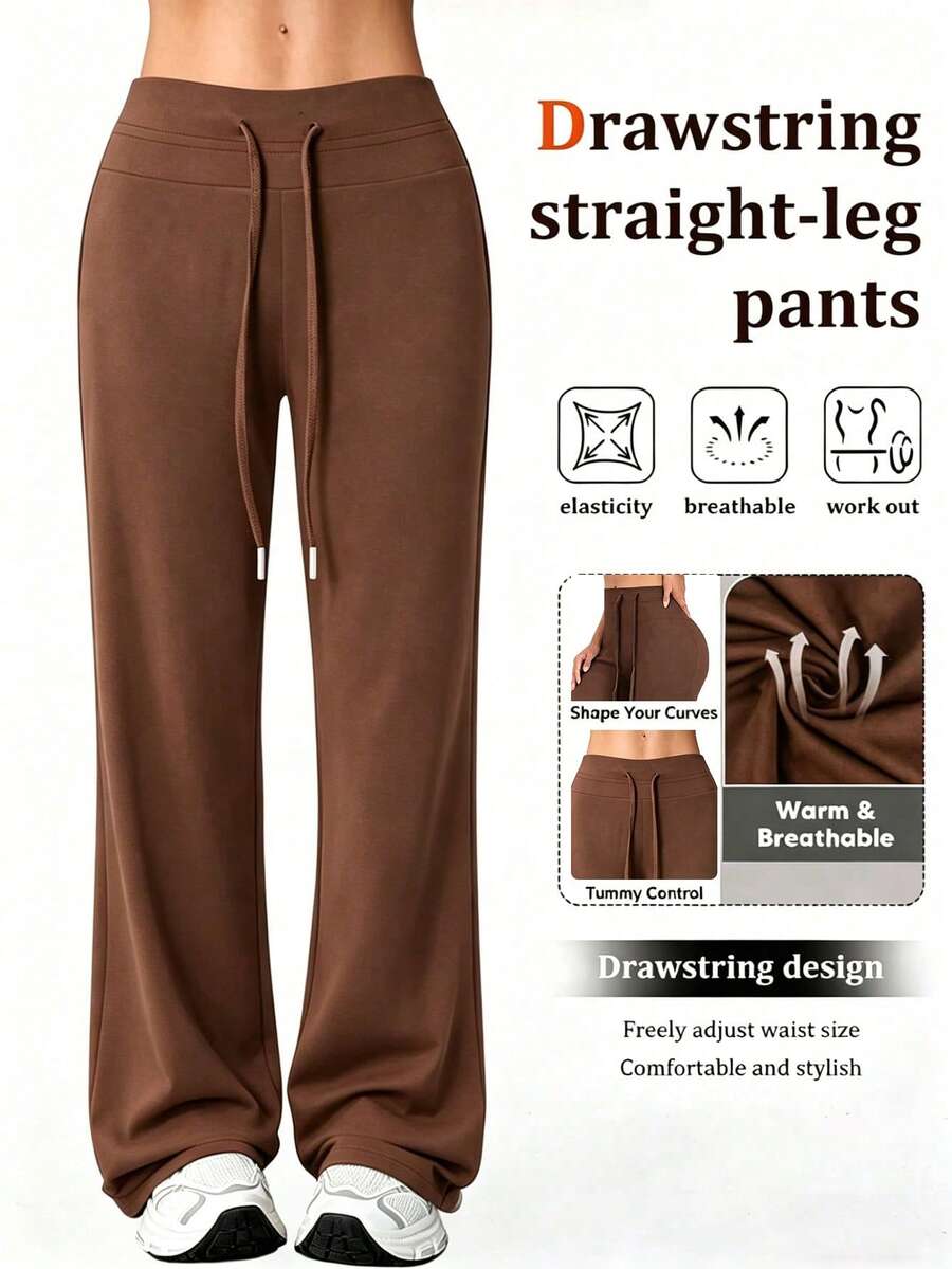 1件女款高腰寬腿褲*抽繩直筒褲 - 彈性寬腿褲,抽繩設計*日常辦公百搭休閒運動 - 棕色 - 查看 1