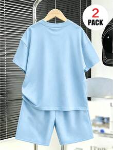 2pcs/Set Boys Outfit, Printed Baseball Pattern Loose Top + Sports Shorts, Comfortable And Soft, Suitable For Summer And Sports - Baby Blue - View 2